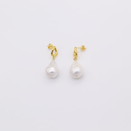 1 pair of 18k gold vermeil drop earrings, large unique barogue pearl