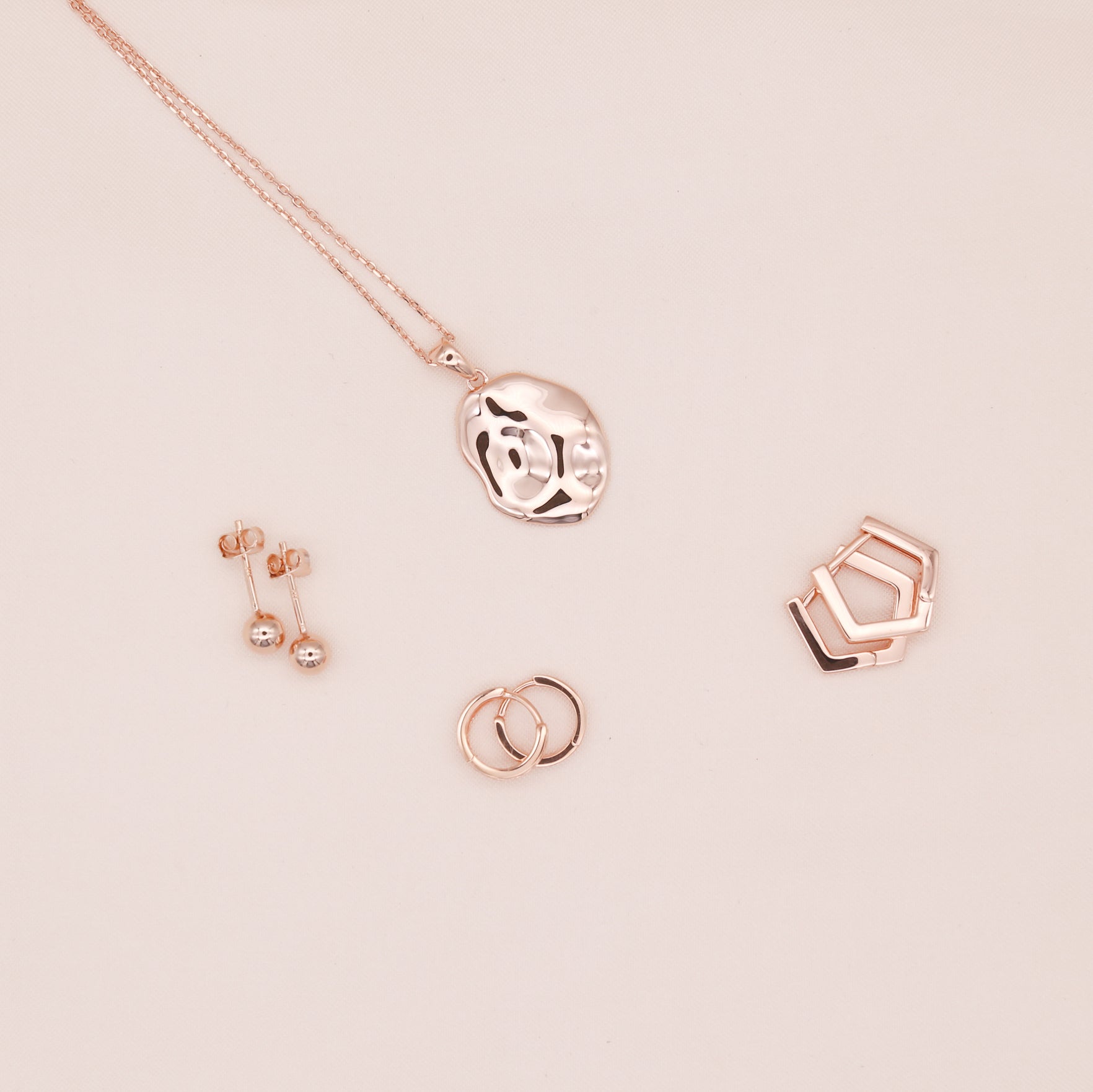 Rose gold vermeil pendant necklace, studs, huggies earrings